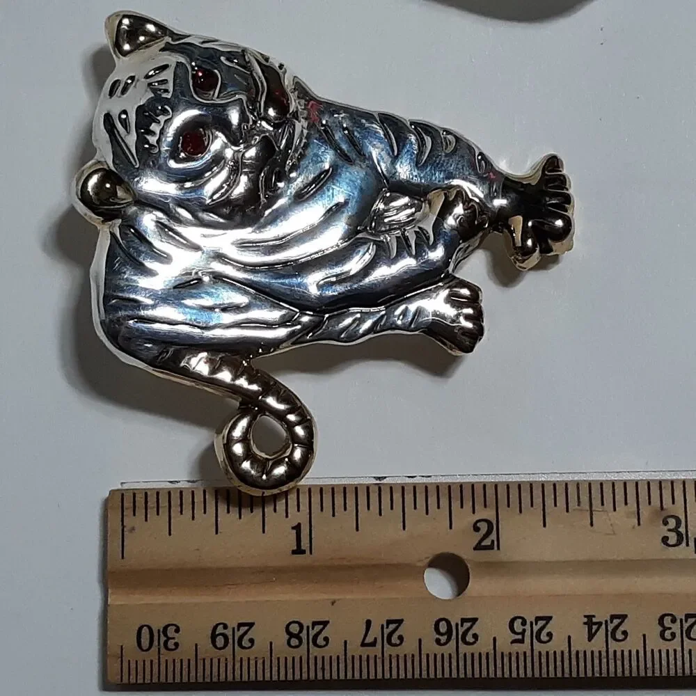 Silver Tone Tiger Earrings & Pendant/Pin Set Statement Best Brand Wild Animal
